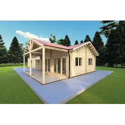 Maison en bois isolée AGNESE de plain-pied 14x6, 44/100/44mm, façade côté droit