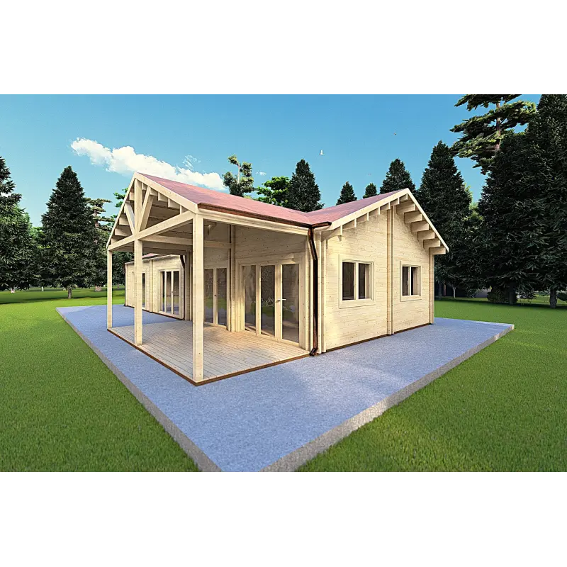 Maison en bois isolée AGNESE de plain-pied 14x6, 44/100/44mm, façade côté droit