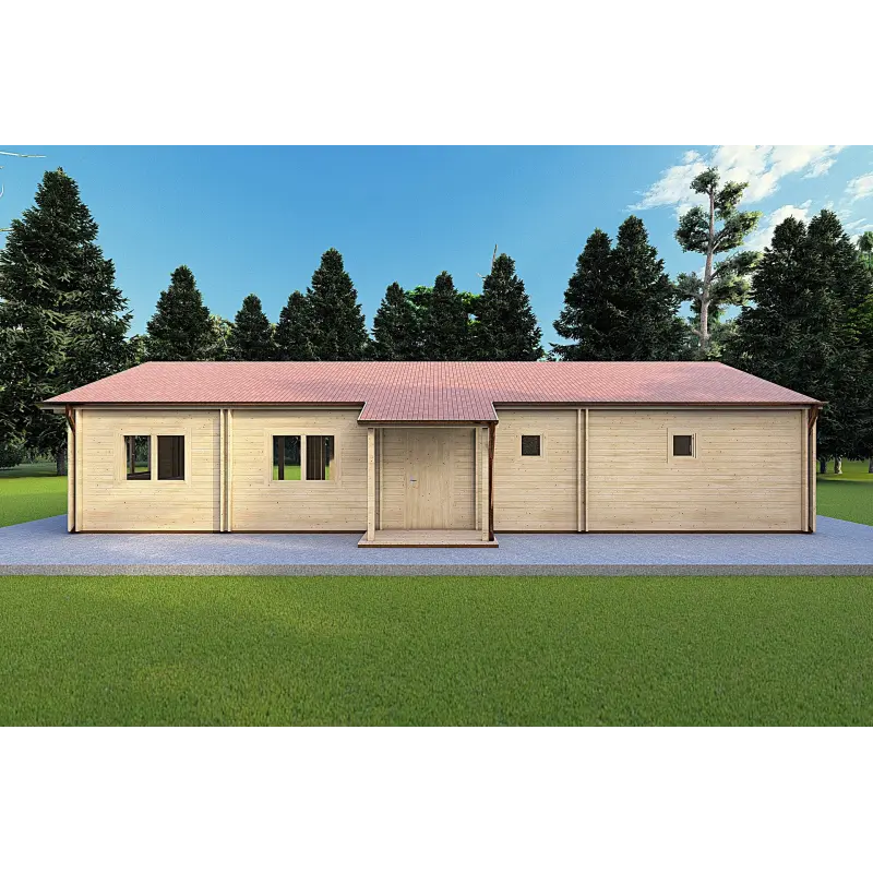 Maison en bois isolée AGNESE de plain-pied 14x6, 44/100/44mm, vue arrière