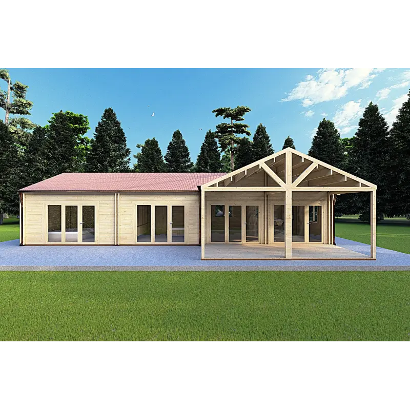 Maison en bois isolée AGNESE de plain-pied 14x6, 44/100/44mm, vue frontale