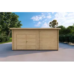 Garage en bois avec porche et remise 5.2x5.7, 44mm, vue frontale