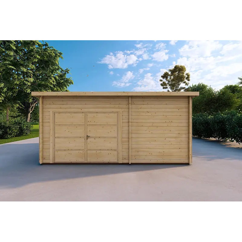 Garage en bois avec porche et remise 5.2x5.7, 44mm, vue frontale