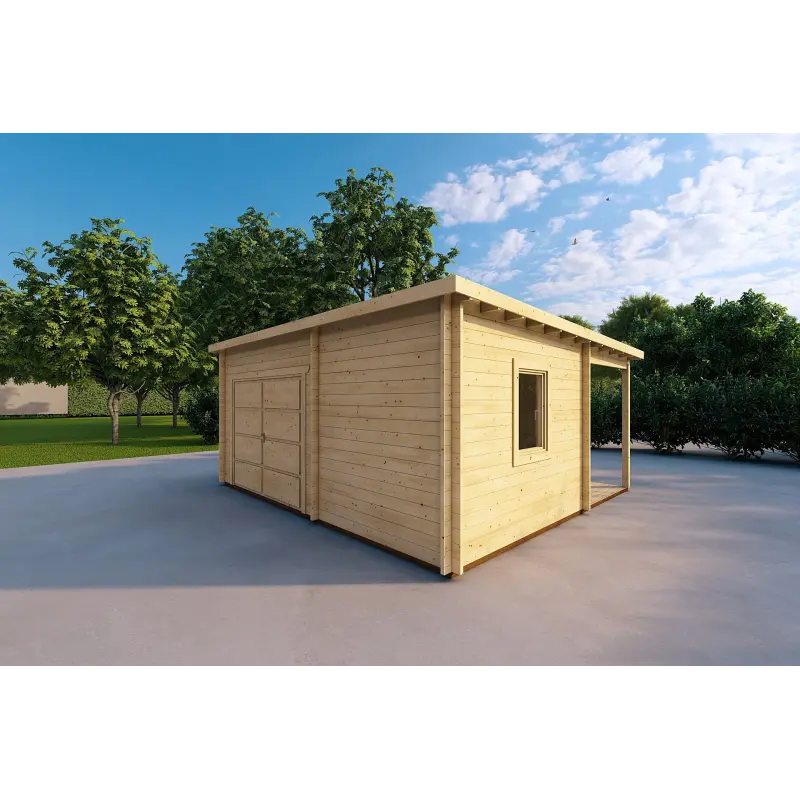 Garage en bois avec porche et remise 5.2x5.7, 44mm, façade côté droit
