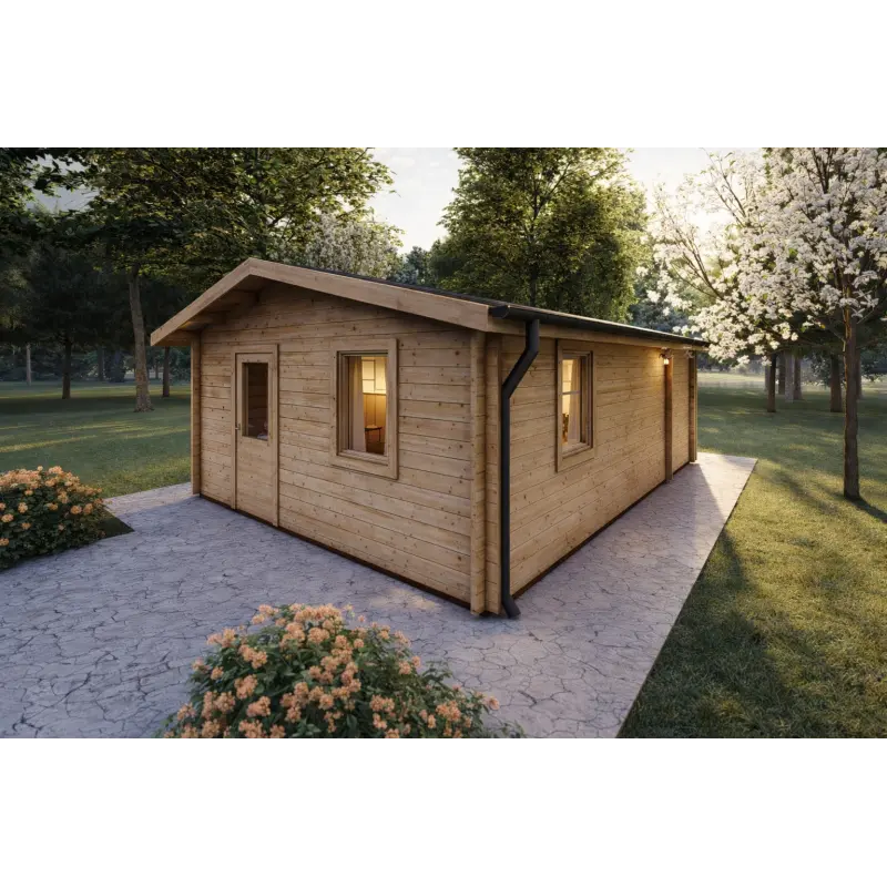 Chalet en bois DALIA 5x7 44mm, façade côté droit, modèle bois naturel