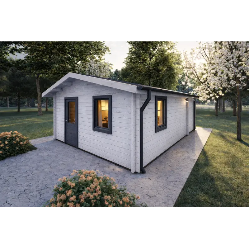 Chalet en bois DALIA 5x7 44mm, façade côté droit, modèle blanc