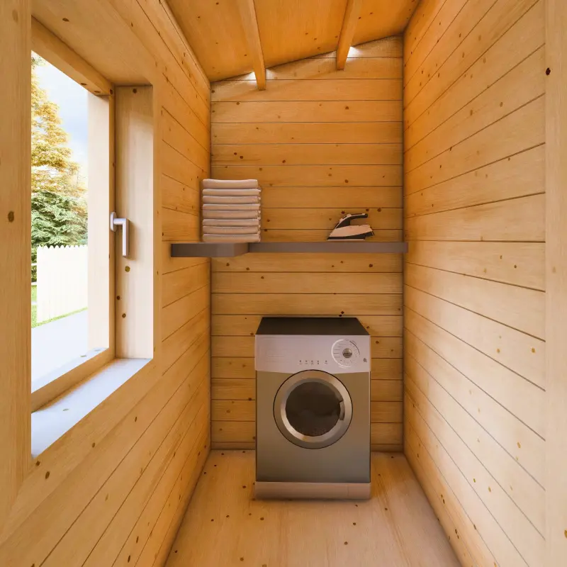 Maison en bois isolée GIADA 10x7.20, 44/100/44 mm, vue intérieure buanderie