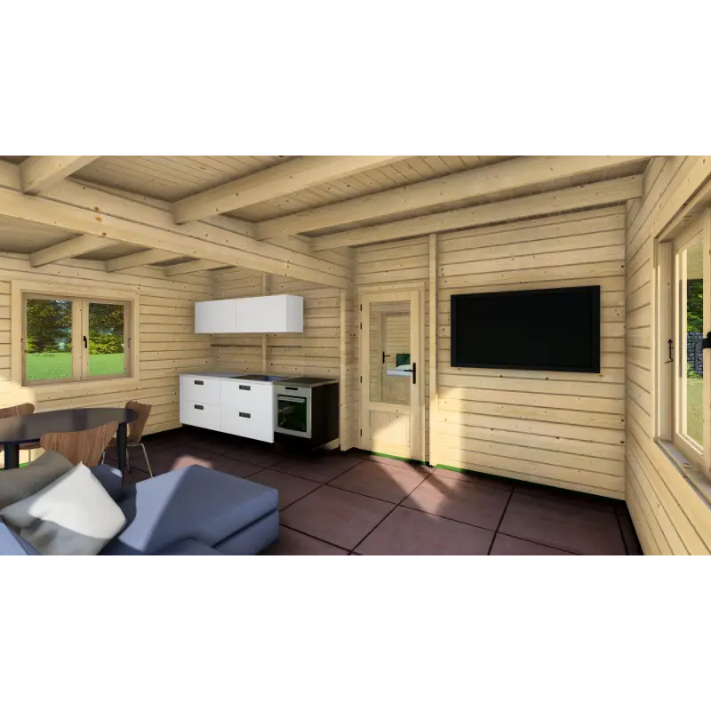 Chalet bois ELETTRA 10.5x6, 68mm, espace de vie ouvert