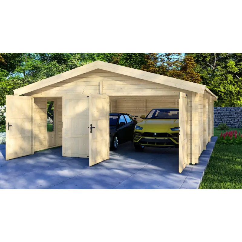 Garage double en bois 6x9, 68mm, vue frontale